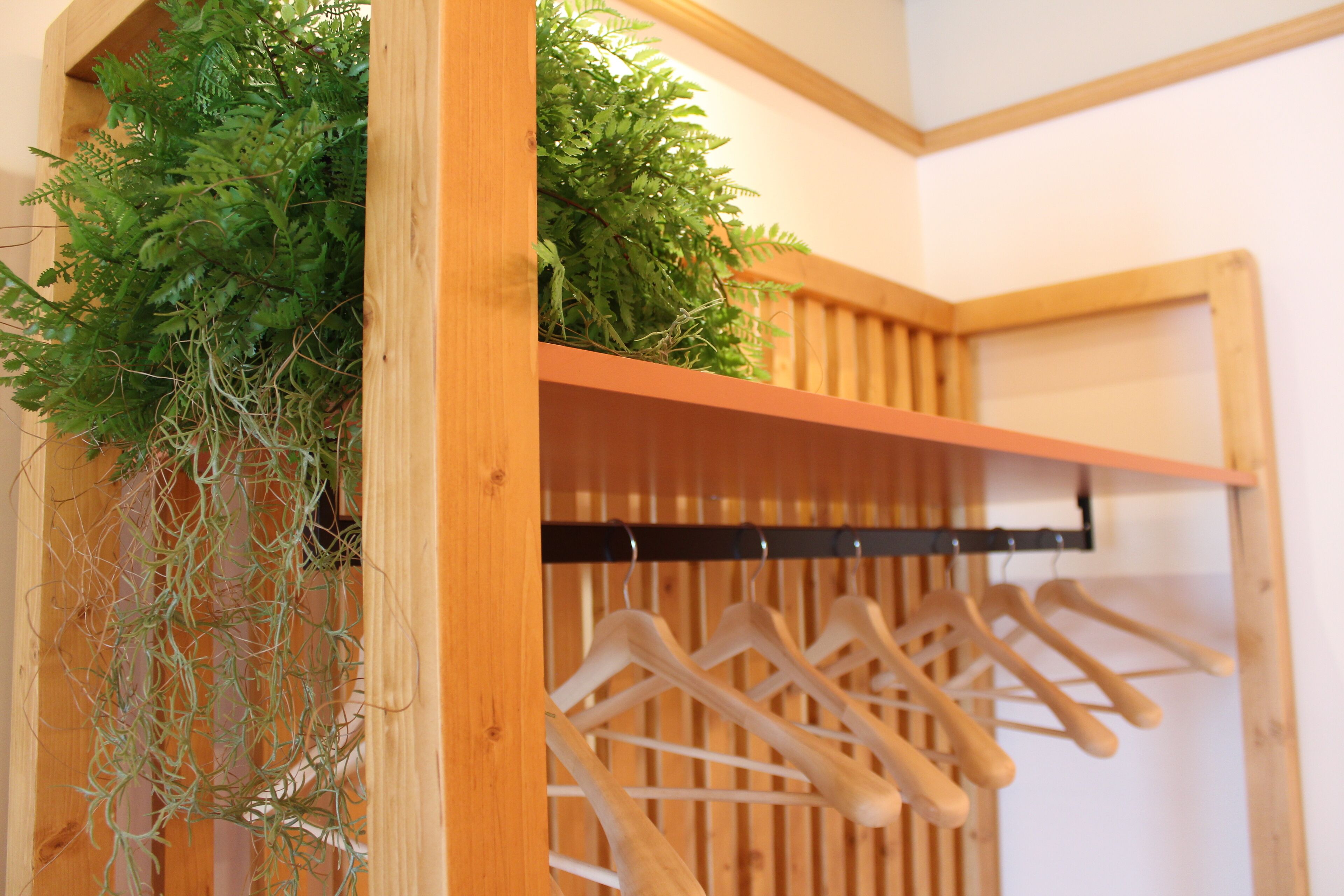 A wooden shelf with hanging clothes and a plant.