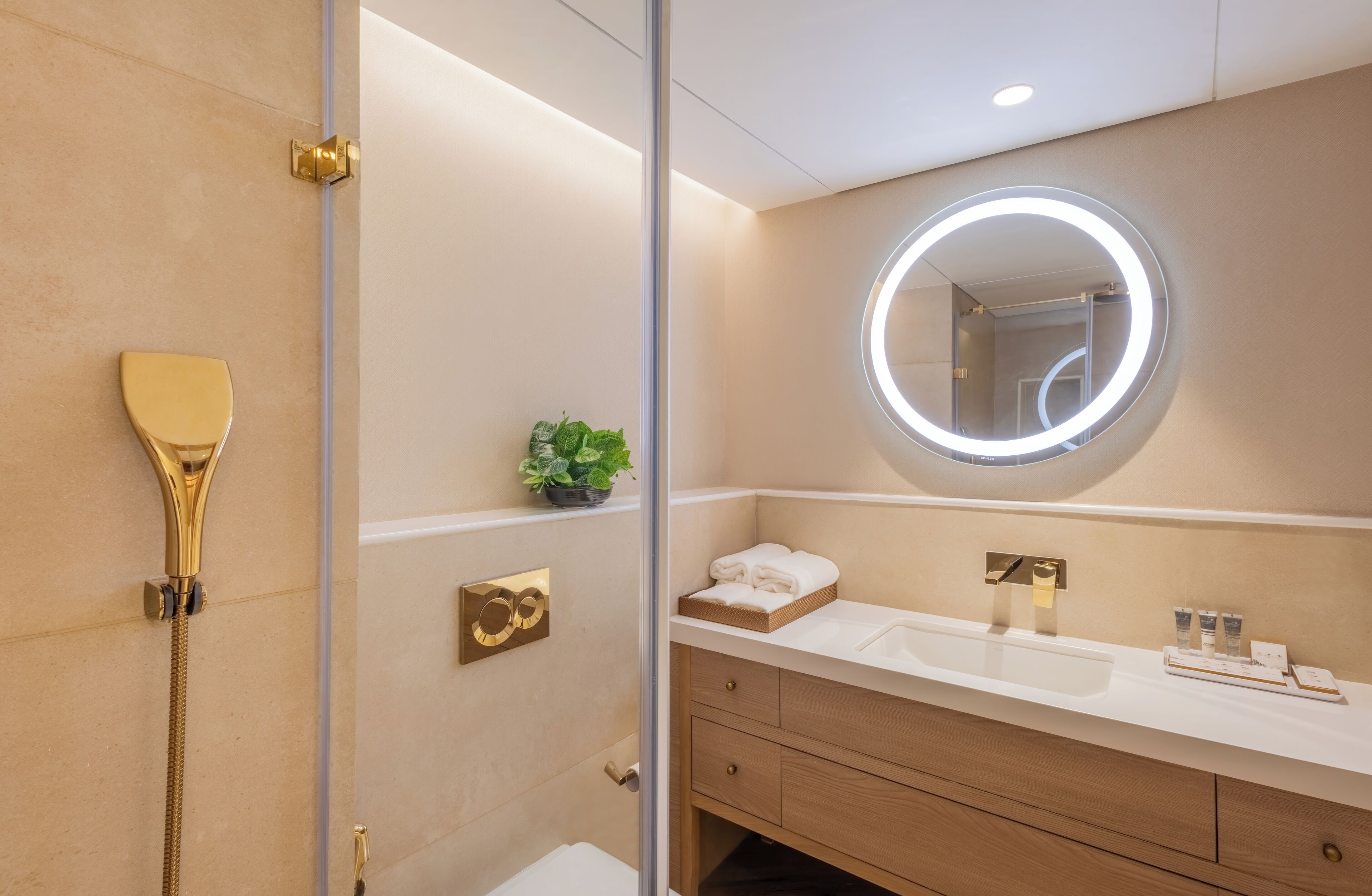 A modern bathroom with a gold showerhead, a round mirror with a light, and a white vanity with a plant.