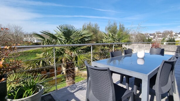 Eine Terrasse im Freien mit einem Tisch aus Glas und Korbstühlen, umgeben von Topfpflanzen und Blick auf die Nachbarschaft.