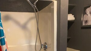 Een badkamer met een douche, toilet en een inlijsting foto aan de muur.