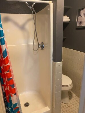 A bathroom with a shower, toilet, and a framed picture on the wall.