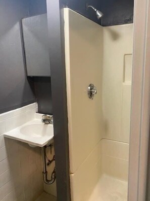 A small bathroom with a white sink, a mirror, and a shower stall. - Affordable & Simple Chic Studio (Boston)