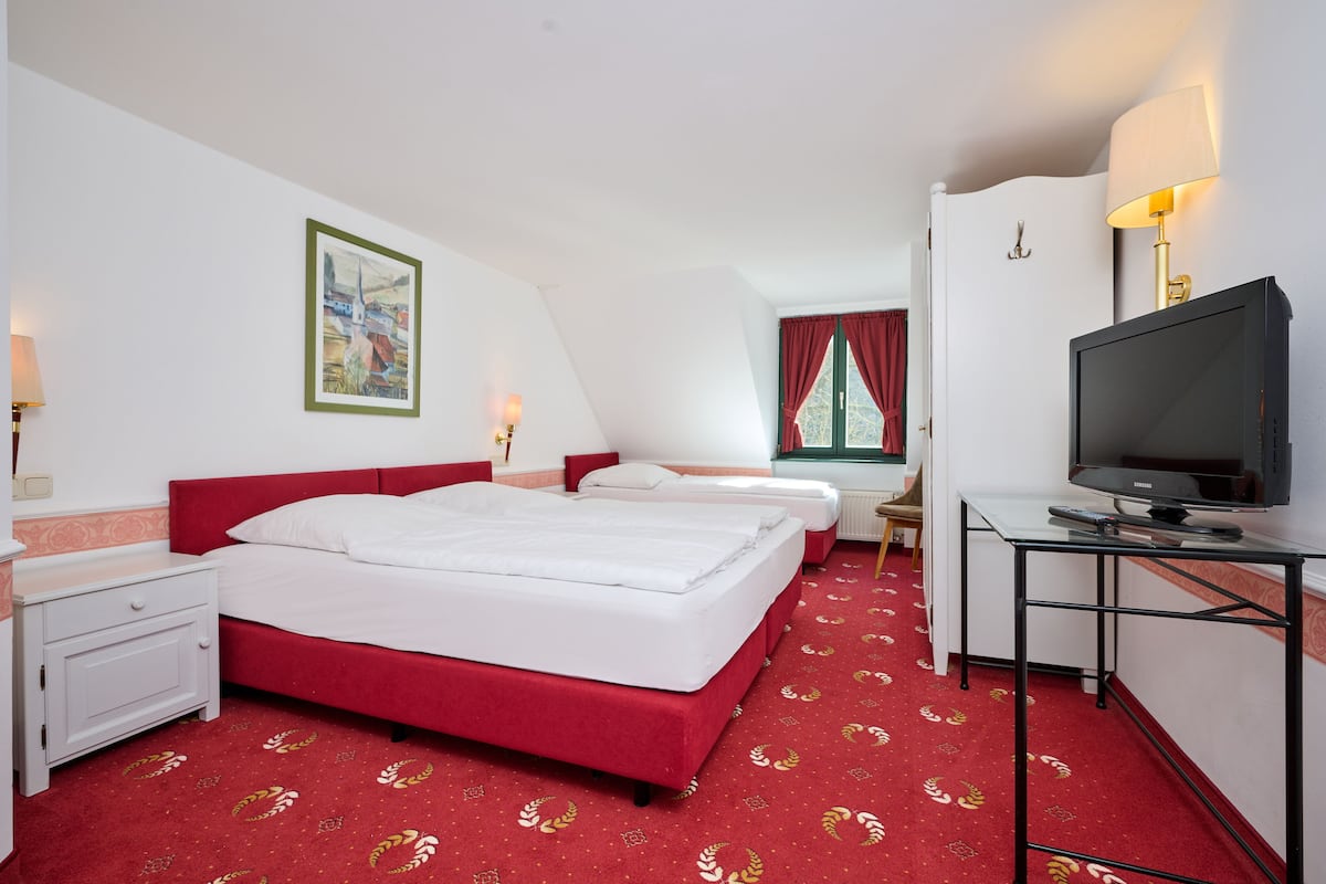 Une chambre d’hôtel avec un grand lit, un téléviseur posé sur un meuble, un bureau et une fenêtre avec des rideaux.
