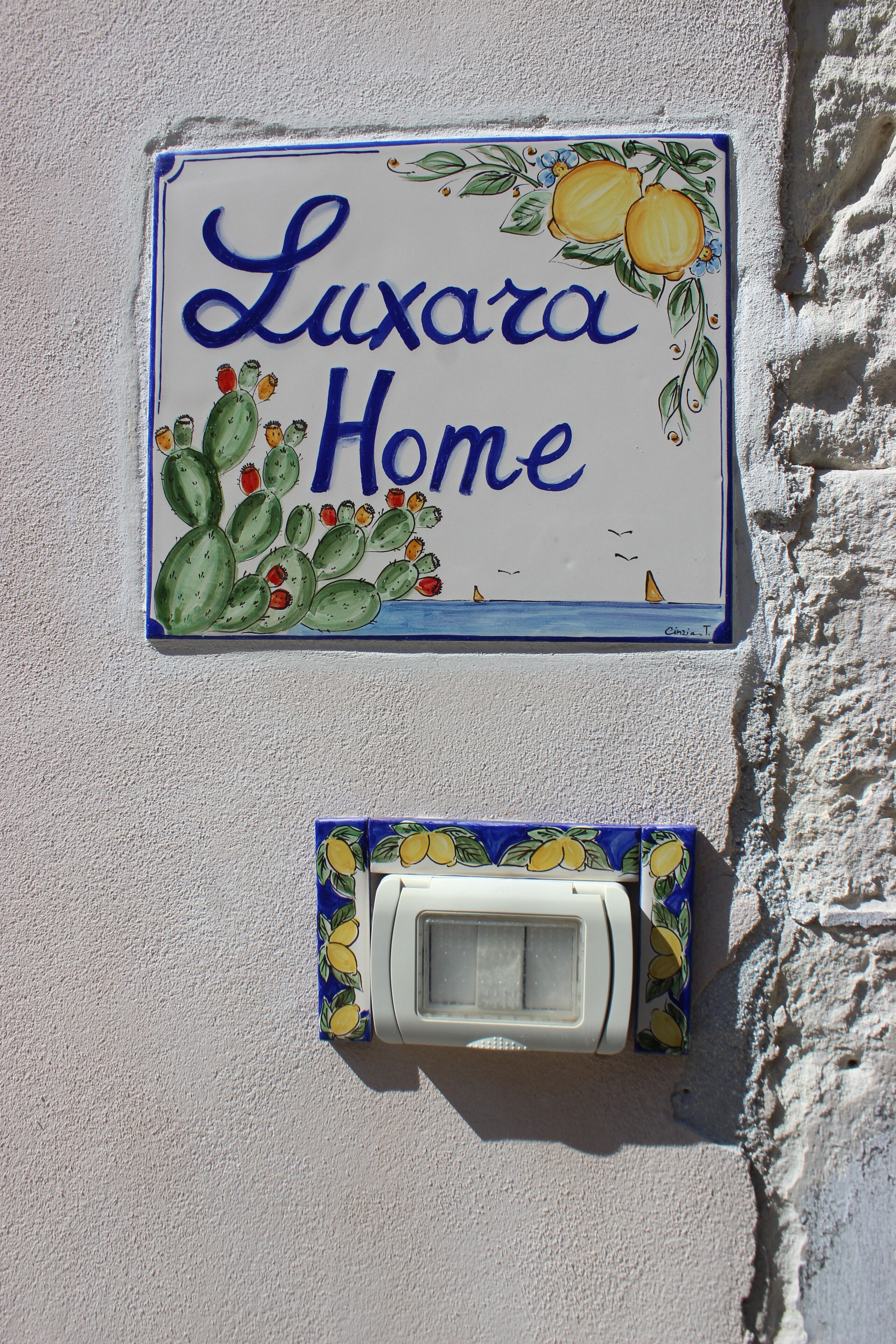 A wall-mounted sign with "Luxara Home" and a cactus illustration. Below is a thermostat with a lemon pattern.