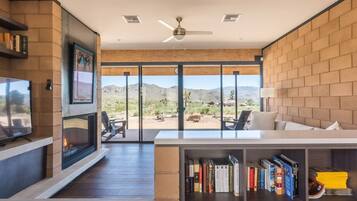 Smart TV, fireplace, books