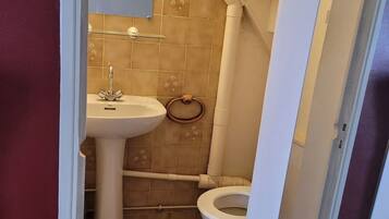 Ein kleines Badezimmer mit Waschbecken, Toilette und Duschbereich.