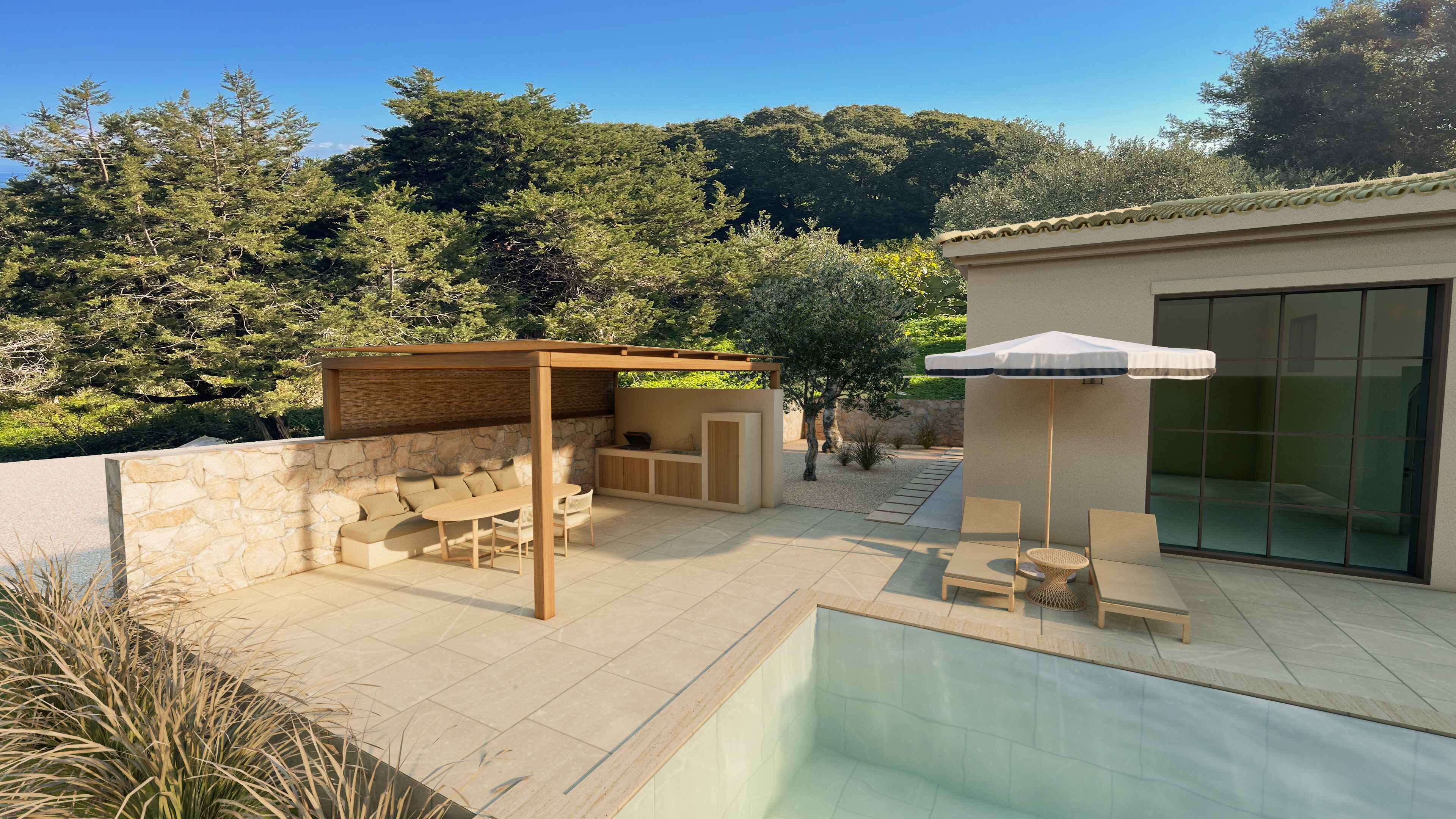 Une terrasse extérieure moderne, agrémentée d’un mur en pierre, d’une pergola en bois et d’une piscine.