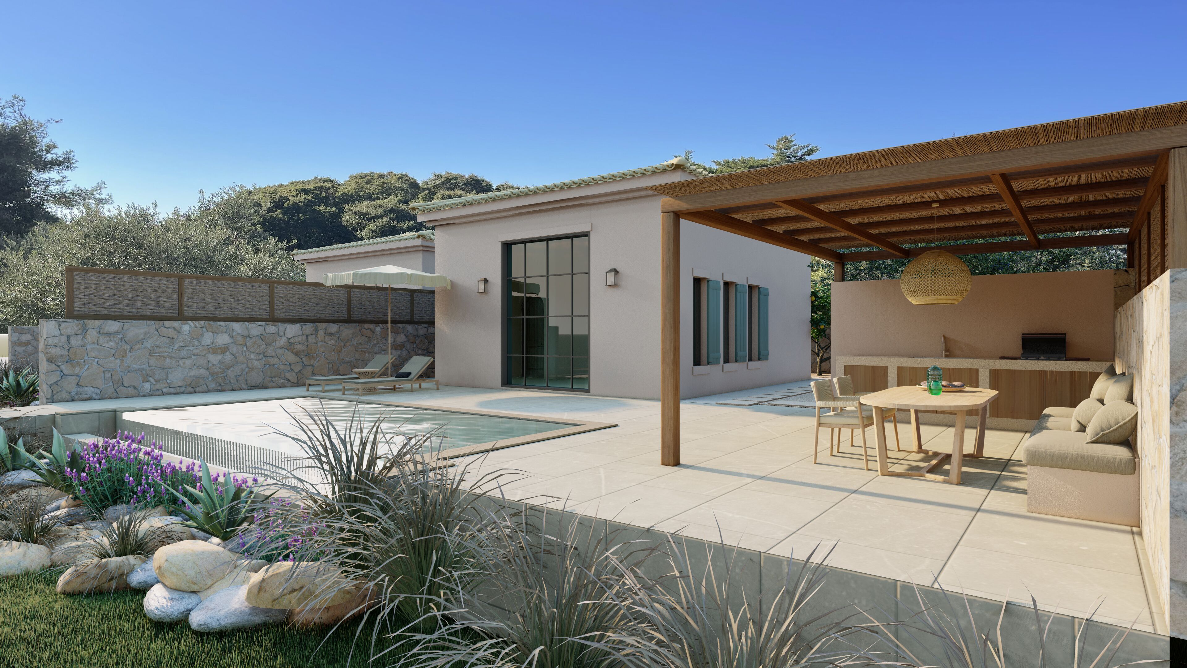 Une terrasse extérieure moderne dotée d’une piscine, d’un espace salon et d’un coin repas abrité.