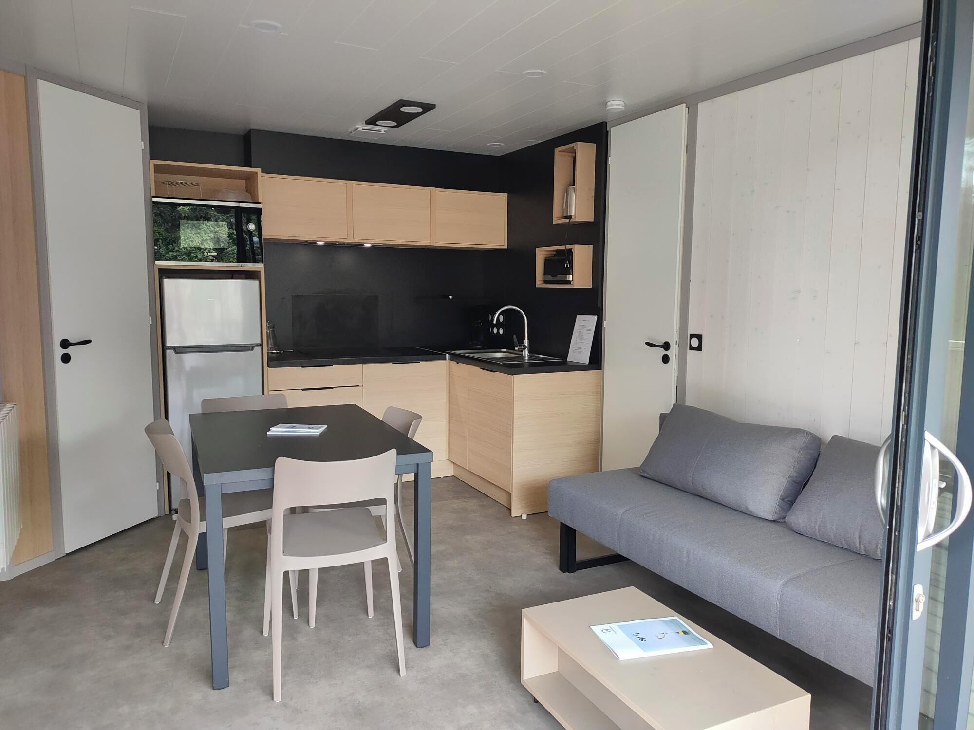 A compact living space with a kitchenette, a dining area with a table and chairs, and a sofa.