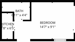 Plano de planta que muestra una cocina de 71 x 165 centímetros, un baño de 155 x 112 centímetros y un dormitorio de 370 x 231 centímetros.