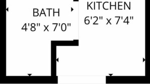 A floor plan with a bedroom measuring 9'7" x 10'6", a bathroom measuring 4'8" x 7'0", and a kitchen measuring 6'2" x 7'4". - North Star Nook | Tiny Home 6 Min from Old Tunnel (Kendall County)