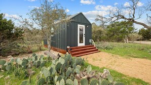 A small, dark wooden cabin with a white door and wooden steps leading up to it, surrounded by desert vegetation and trees. - Twilight Ranch- 6 acre ranch w/2tiny homes & cabin (Kendall County)