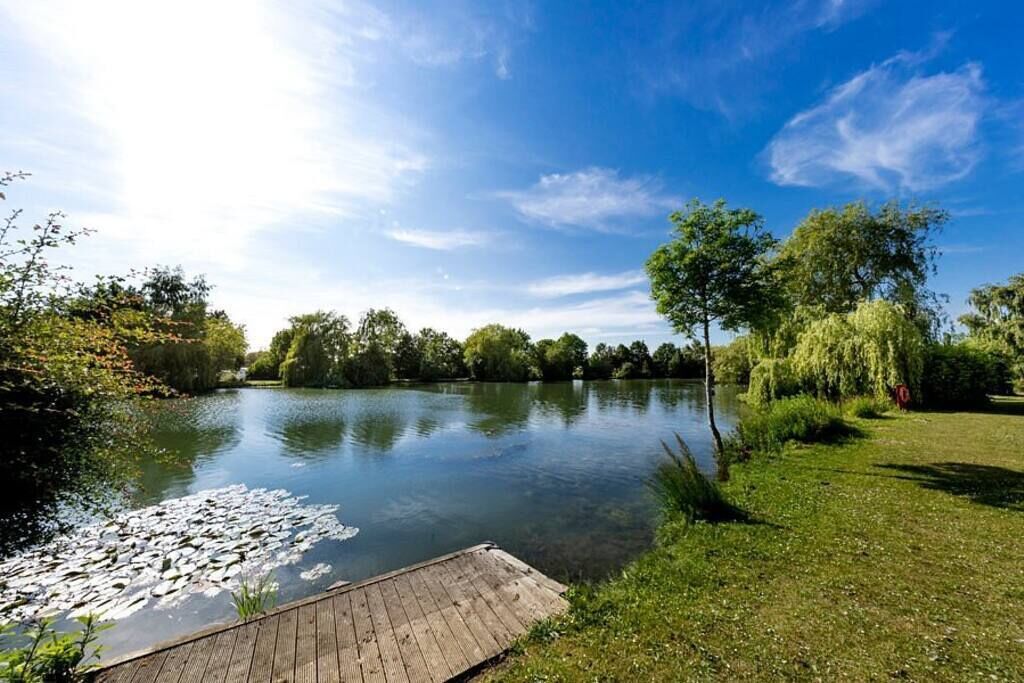 Un lac paisible, avec une jetée en bois qui s’avance sur l’eau, entouré d’une végétation luxuriante et d’arbres.