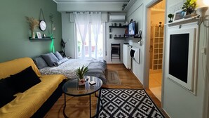 Ein gemütlicher Wohnraum mit einer Couch, einem Couchtisch, einem Bett, einem Fernseher und einer Küchenzeile.