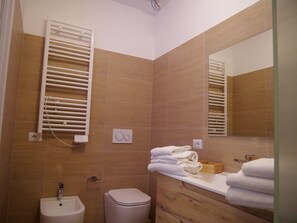 A bathroom with a sink, toilet, towel rack, and a mirror.