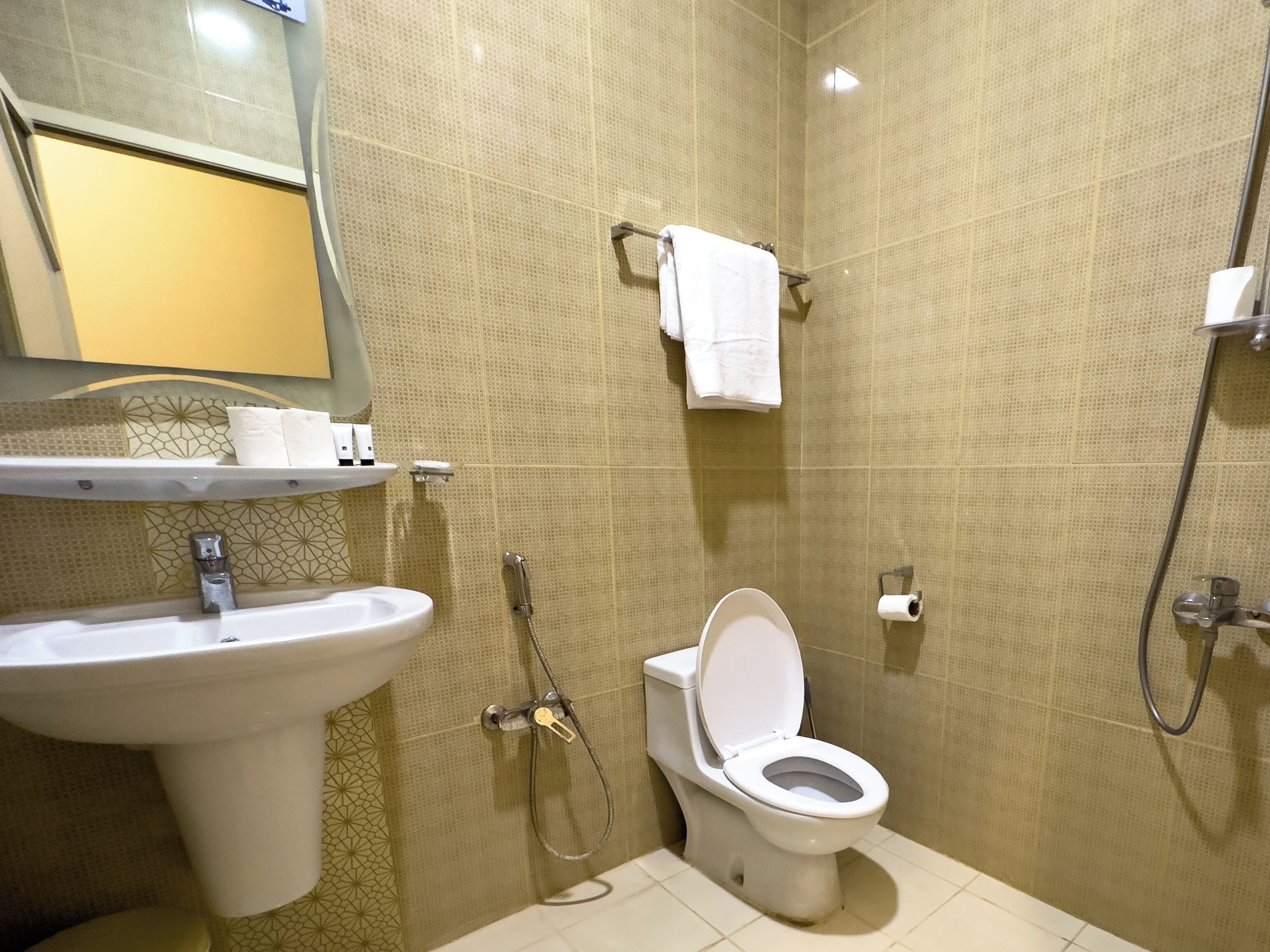 A bathroom with a sink, toilet, and shower.