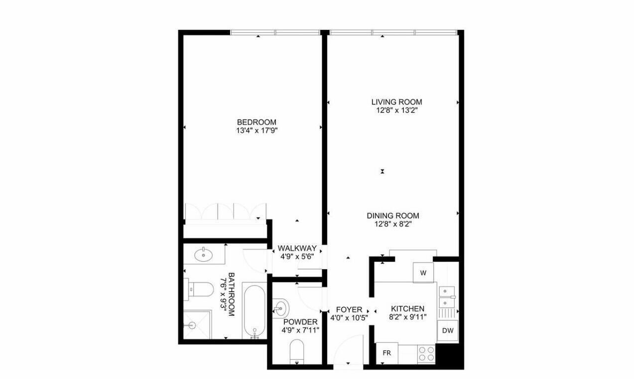 Grundriss eines Hotelzimmers mit Schlafzimmer, Wohnzimmer, Esszimmer, Badezimmer, Eingangsbereich, Gäste-WC, Küche und Verbindungsgängen.