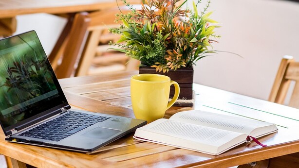 Una mesa de madera con una computadora portátil, una taza amarilla y una planta en maceta.