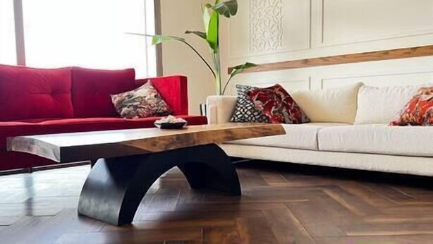 A living room with a red sofa, a white sofa, a wooden coffee table, and a plant.