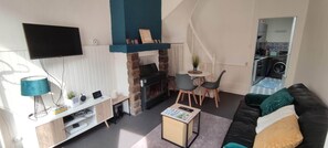 Smart TV, fireplace, video games, books