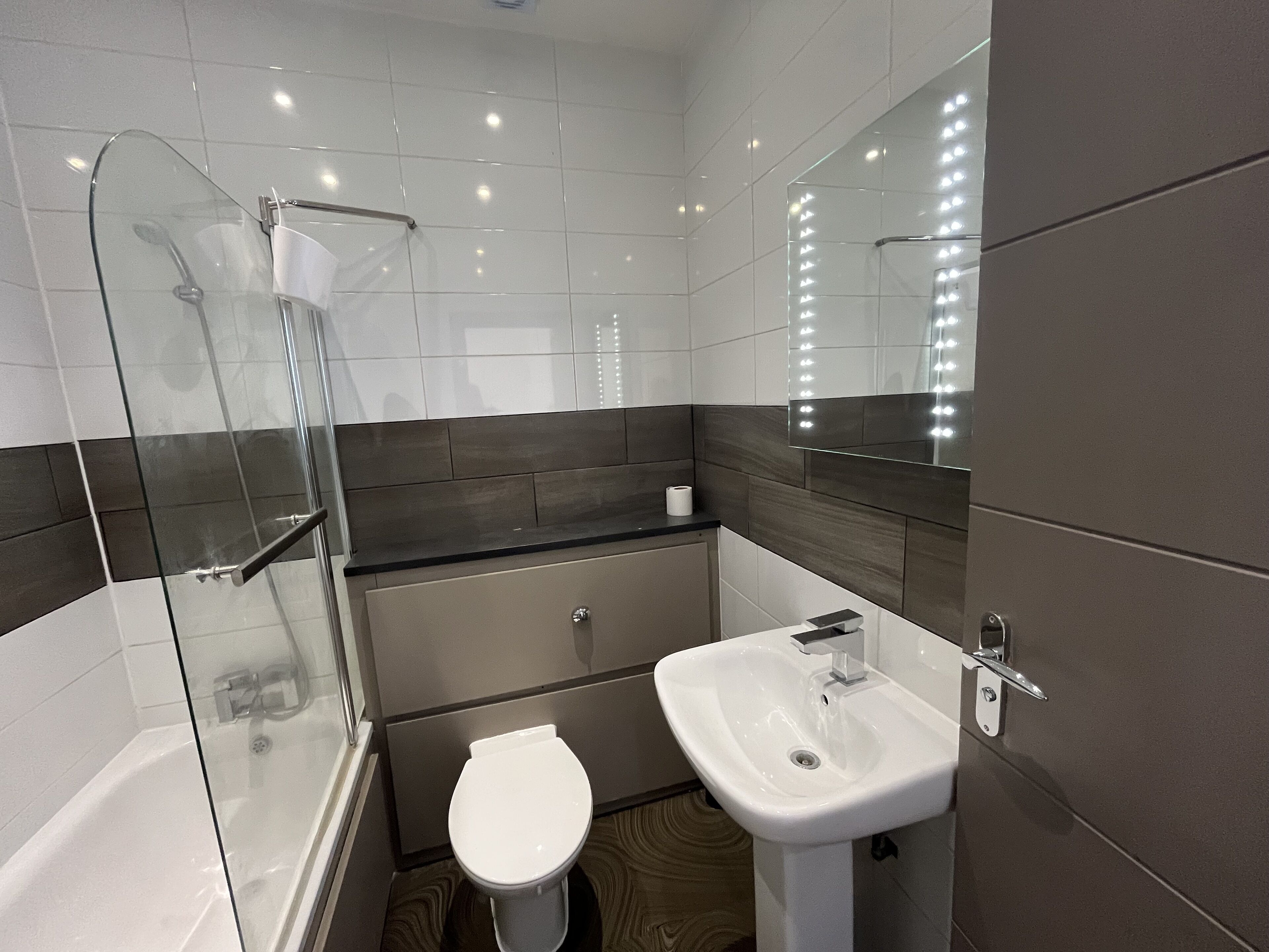 Shower, hair dryer, soap, toilet paper