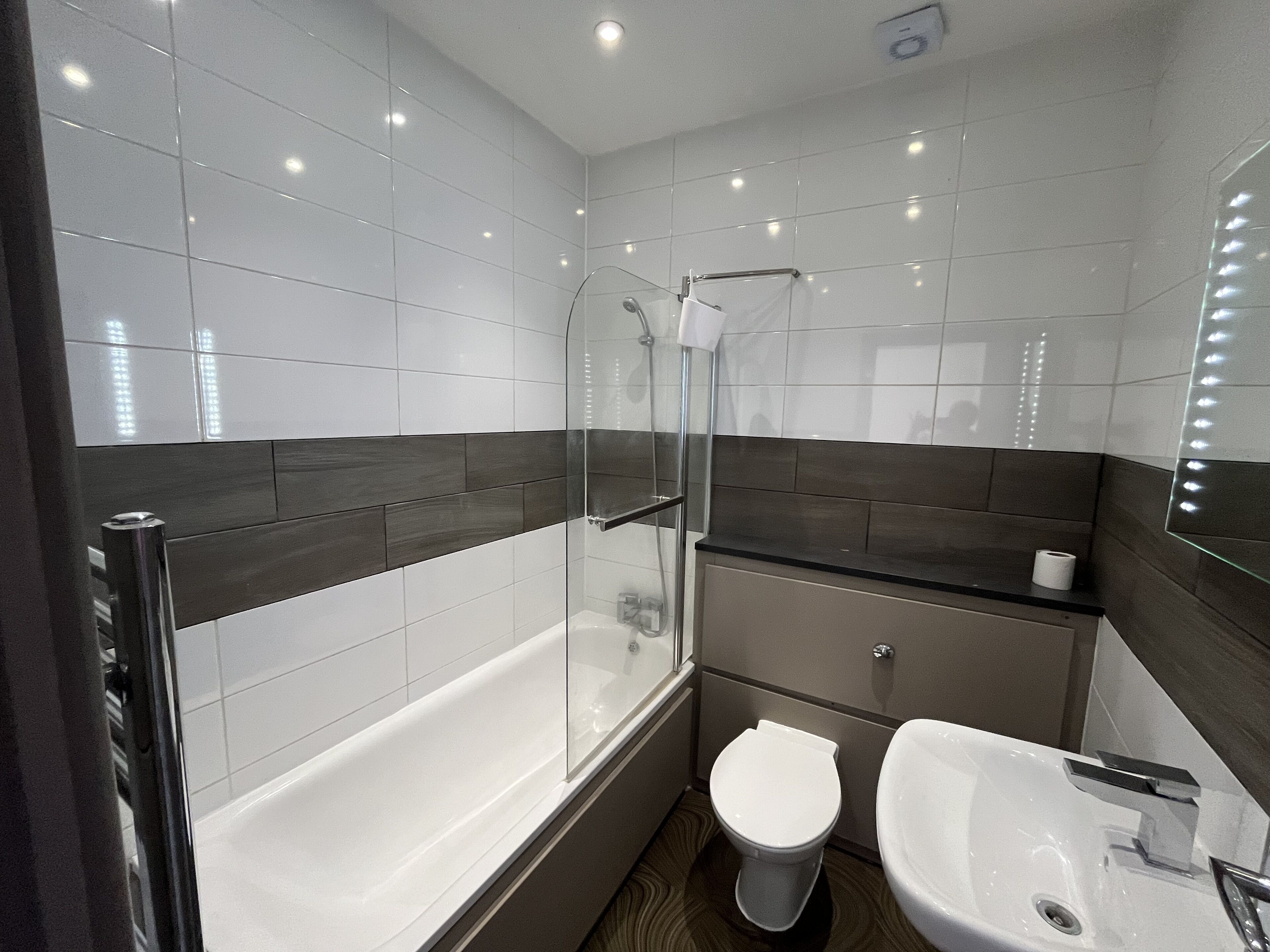 Ducha, secador de pelo, jabón, papel higiénico