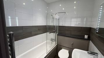 Shower, hair dryer, soap, toilet paper