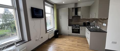 Fridge, microwave, oven, electric kettle