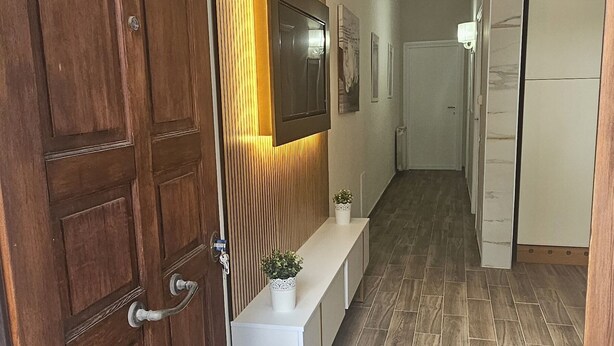 En hall med trägolv, ett vitt konsolbord med en krukväxt, en väggmonterad TV och en trädörr.