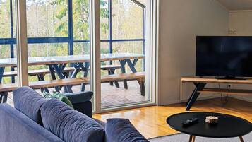 Villa Supérieure | Salle de séjour | TV connectée de 32 pouces avec chaînes numériques, cheminée