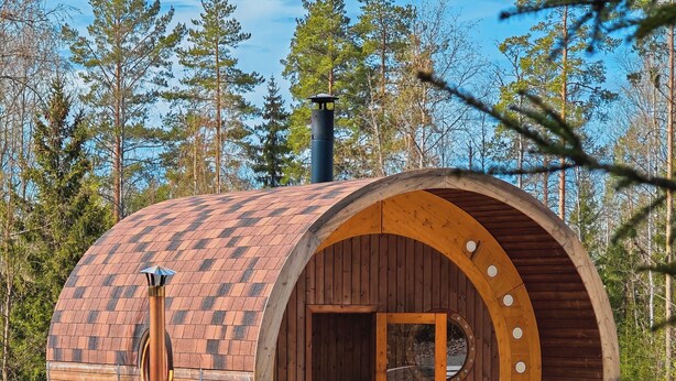 Une cabane en bois avec un toit incurvé, une cheminée et une porte dotée de fenêtres rondes.