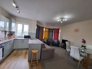 Fridge, microwave, oven, electric kettle