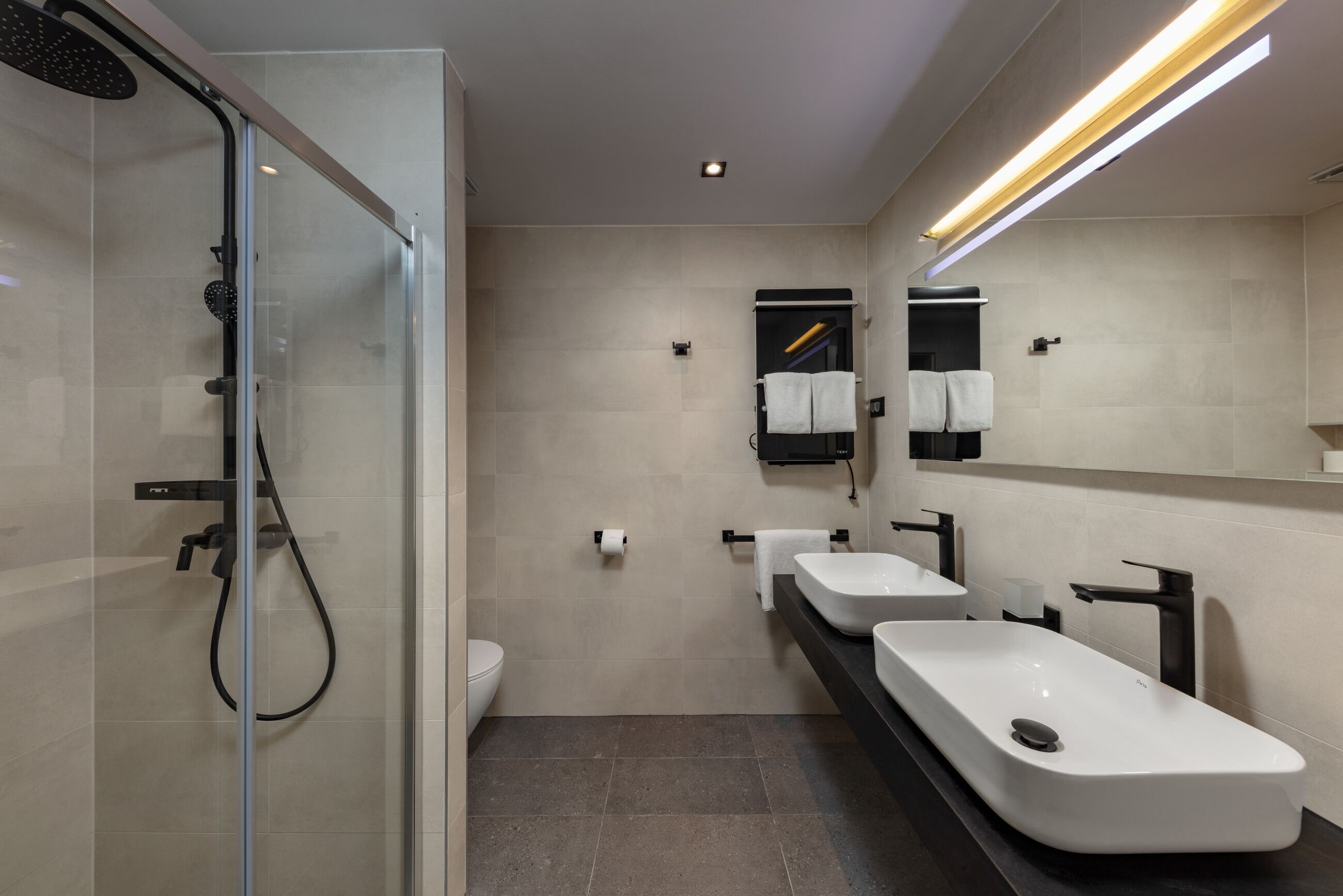A modern bathroom with a glass shower enclosure, a toilet, and two sinks with a large mirror above.
