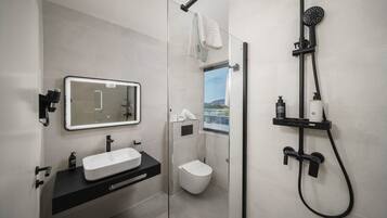 A modern bathroom with a glass-enclosed shower, a white sink, and a toilet.