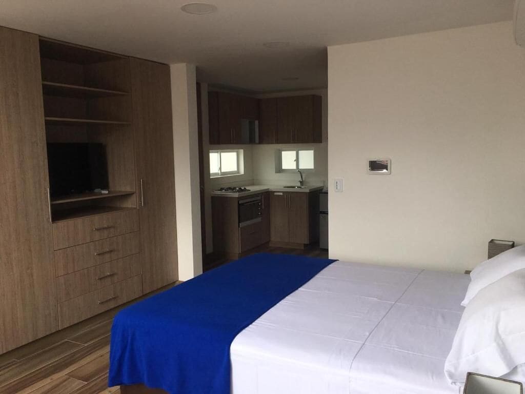 Una habitación de hotel con cama, armario y kitchenette.