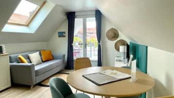 TV, DVD player, foosball, books