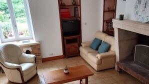 Un salon avec une cheminée, un téléviseur, un canapé et un fauteuil.