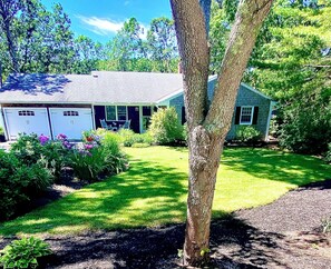 Une maison avec un garage, une pelouse et un arbre au premier plan.