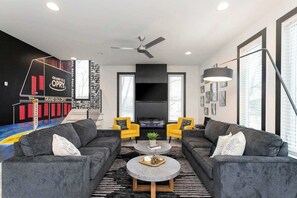 TV, fireplace, offices