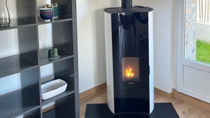 Una stanza moderna con un camino a legna in legno nero, una scaffalatura in vetro e una porta che dà su un balcone.