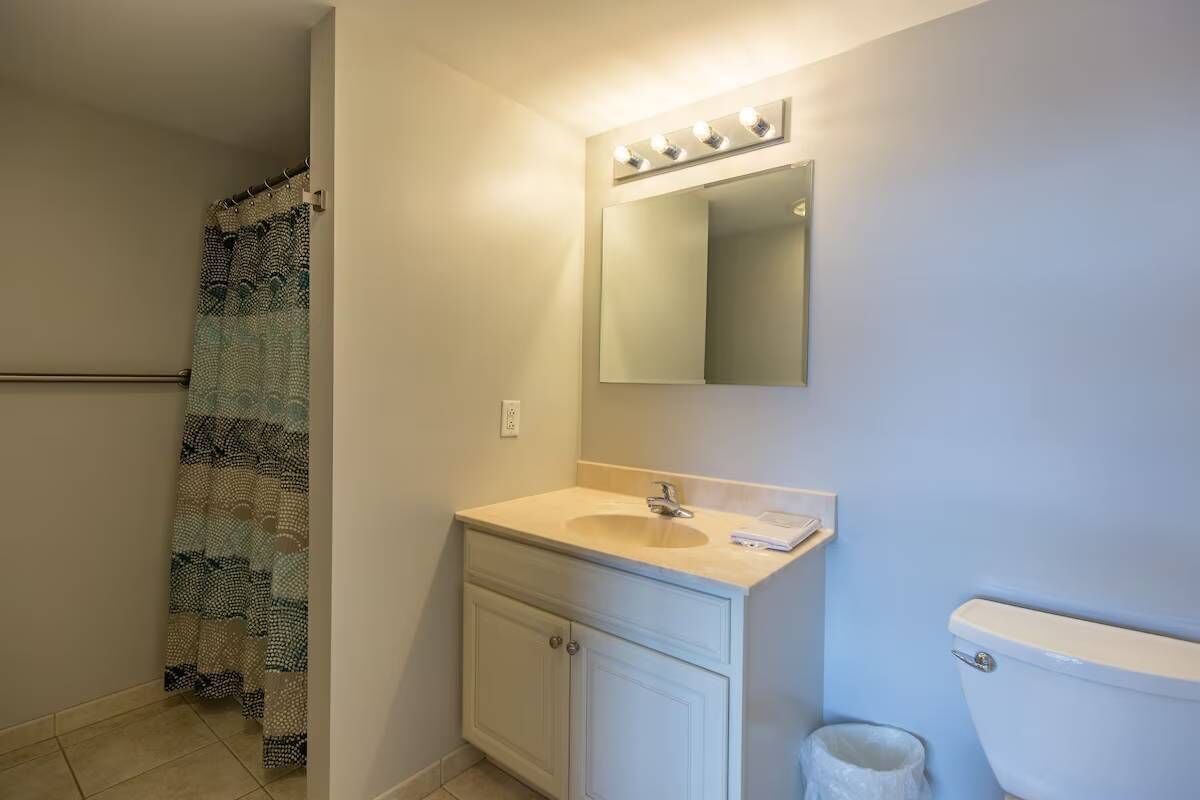 A bathroom with a sink, mirror, and toilet.