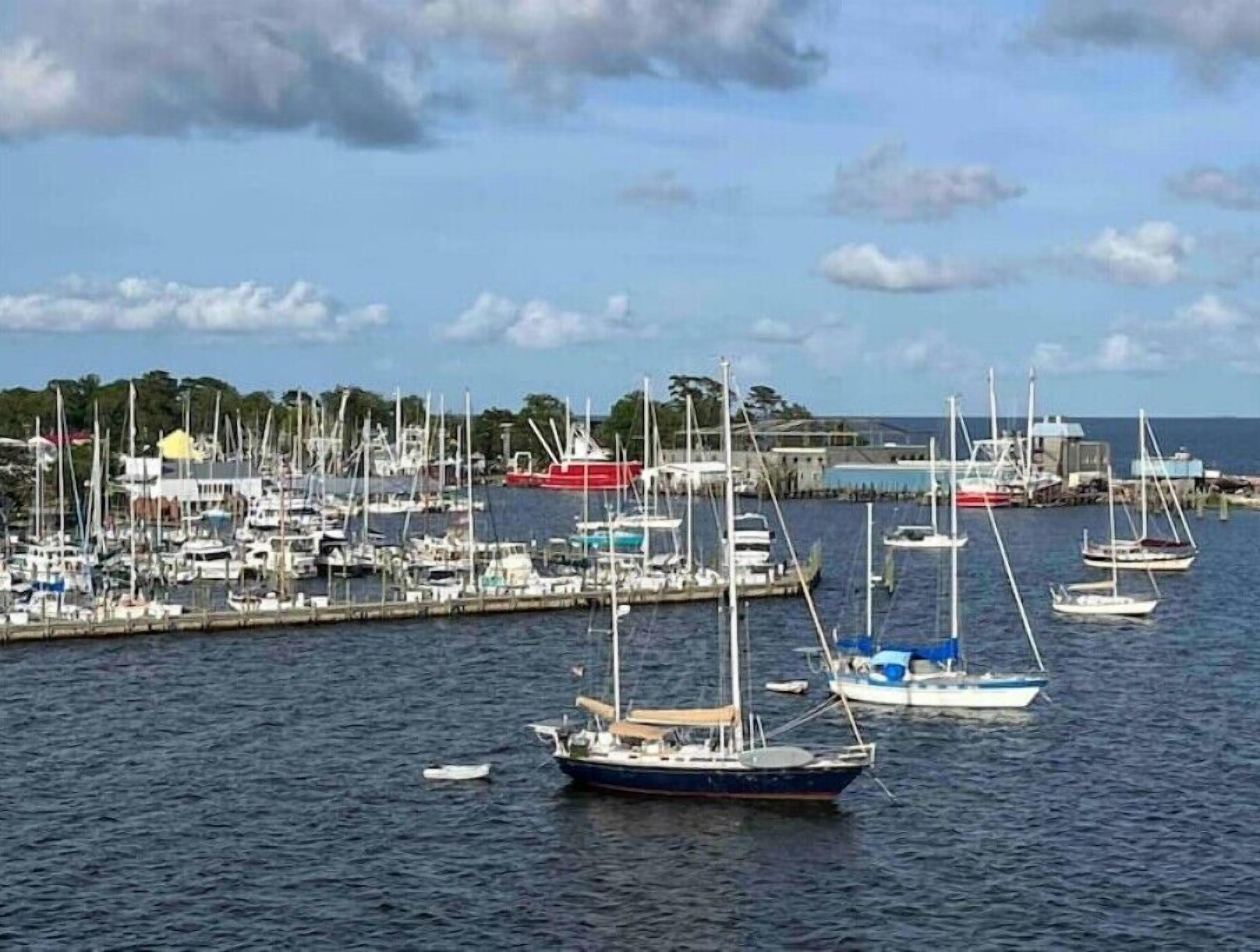 Un port de plaisance où sont amarrés de nombreux bateaux, un ciel dégagé et des bâtiments en arrière-plan.