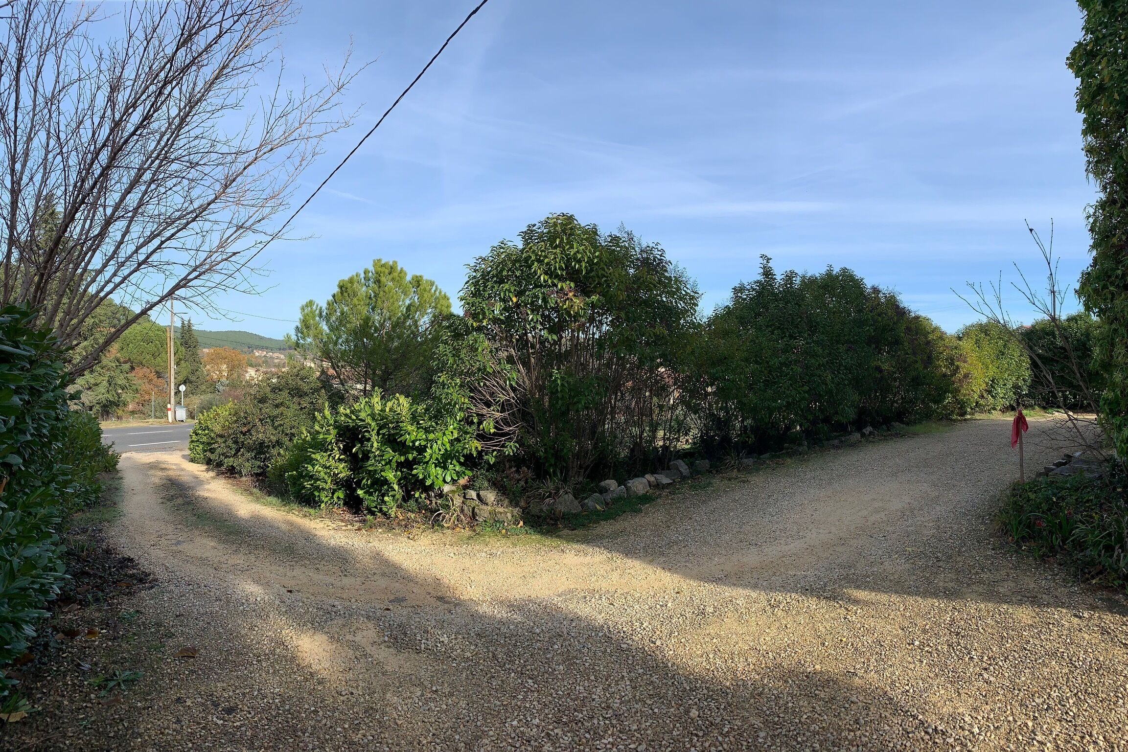 A gravel path leading through a wooded area with trees and shrubs.