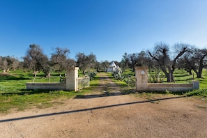 Un camino de tierra que lleva a una zona vallada, con un edificio a lo lejos.