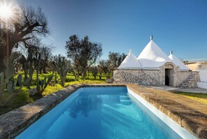 A swimming pool with a stone edge, surrounded by cacti and trees, and a white building with conical roofs. - 3745 Trullo Puspo by Barbarhouse (Carovigno)