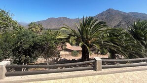 A view of a mountainous landscape with palm trees and a building in the foreground. - Elqui Valley Avocado Farm, 2-bedroom cabin in fabulous Vicuña with WiFi (Vicuña)