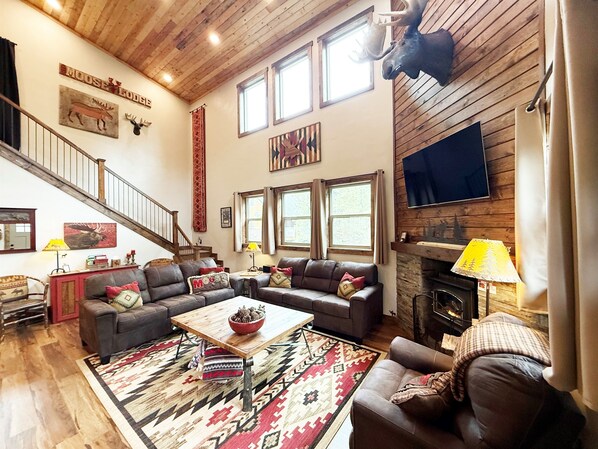 Smart TV, fireplace, books, stereo