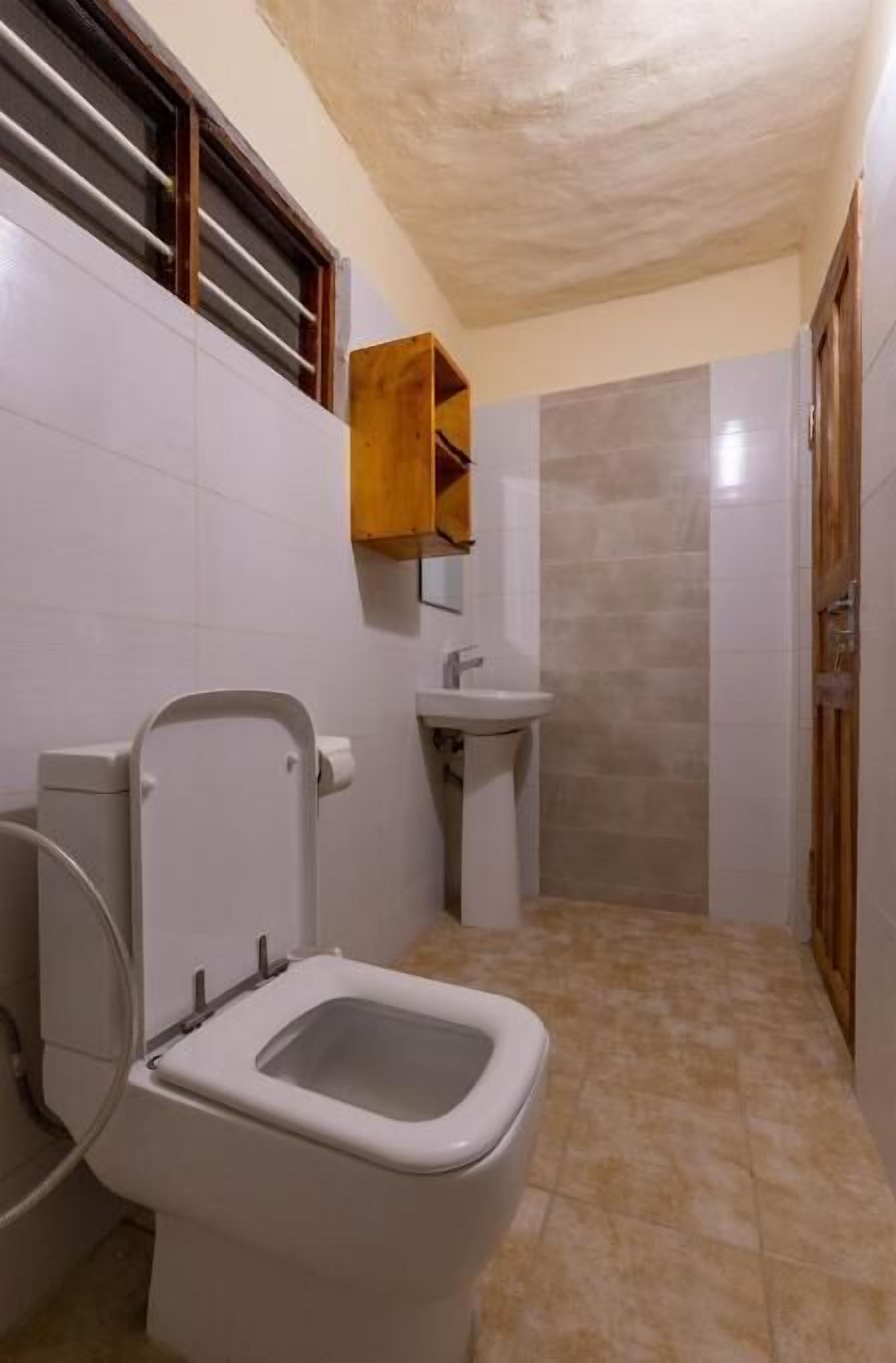 Et lille badeværelse med toilet, håndvask og bruseområde.