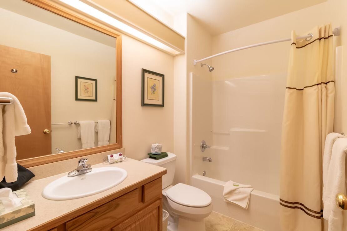 A bathroom with a sink, toilet, and shower.