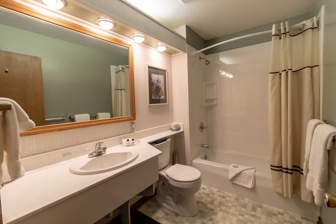 A bathroom with a sink, toilet, and shower.